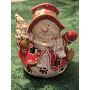 Christmas Snowman Ceramic Figurine Candle Wax Burn Ice-skates 6x5x4" /0090